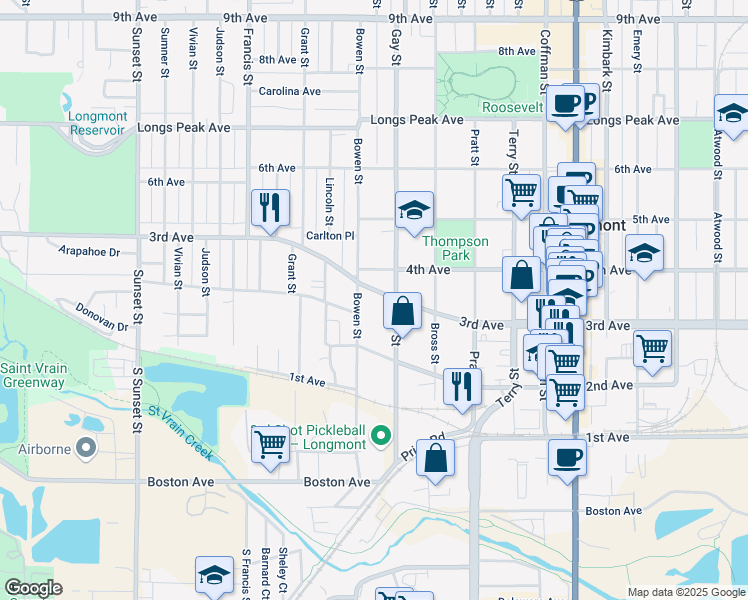 map of restaurants, bars, coffee shops, grocery stores, and more near 237 Gay Street in Longmont