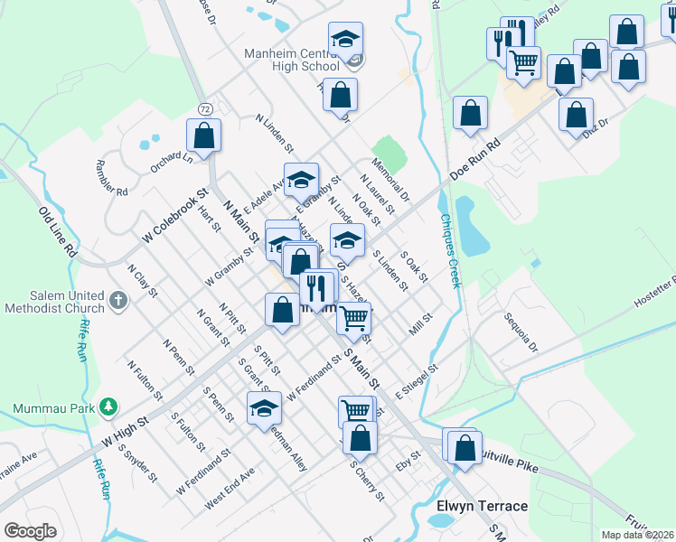map of restaurants, bars, coffee shops, grocery stores, and more near 3 South Hazel Street in Manheim