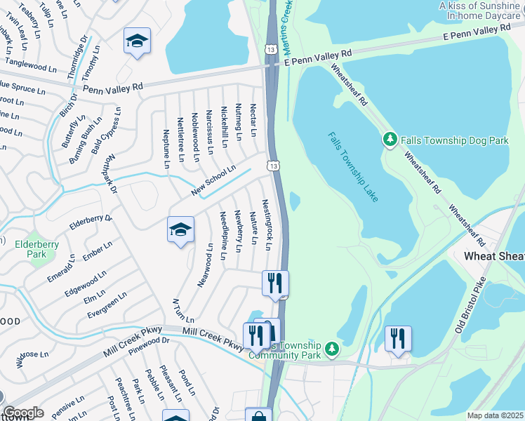 map of restaurants, bars, coffee shops, grocery stores, and more near 53 Nestingrock Lane in Levittown