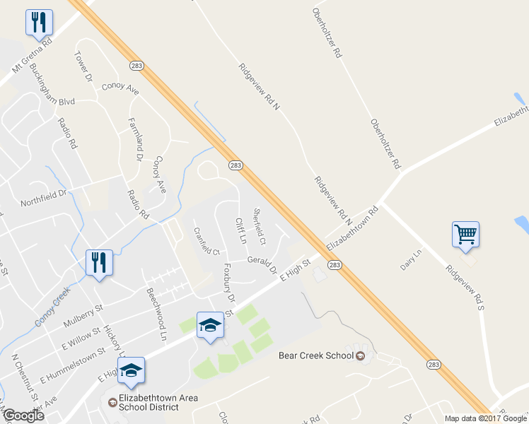 map of restaurants, bars, coffee shops, grocery stores, and more near 145 Sherfield Court in Elizabethtown