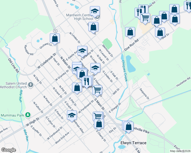 map of restaurants, bars, coffee shops, grocery stores, and more near 3 South Hazel Street in Manheim