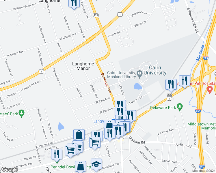 map of restaurants, bars, coffee shops, grocery stores, and more near 2 East Fairview Avenue in Langhorne