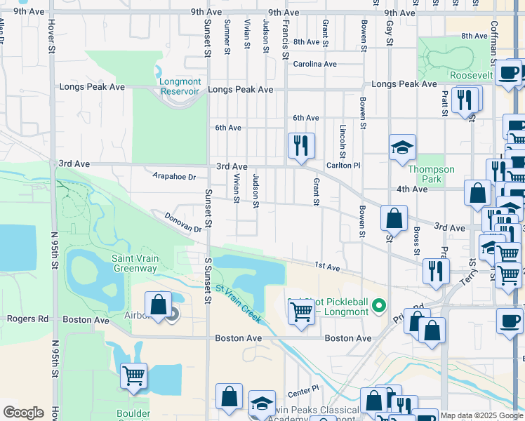 map of restaurants, bars, coffee shops, grocery stores, and more near 152 Judson Street in Longmont