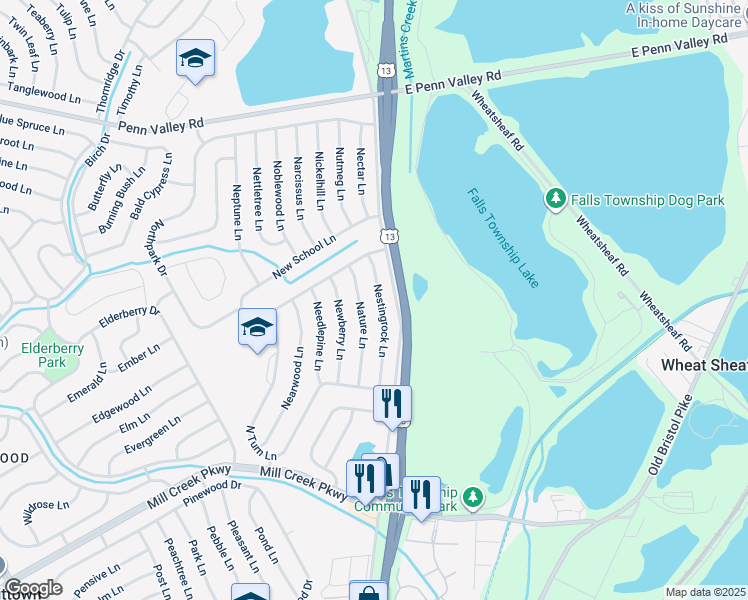 map of restaurants, bars, coffee shops, grocery stores, and more near 53 Nestingrock Lane in Levittown