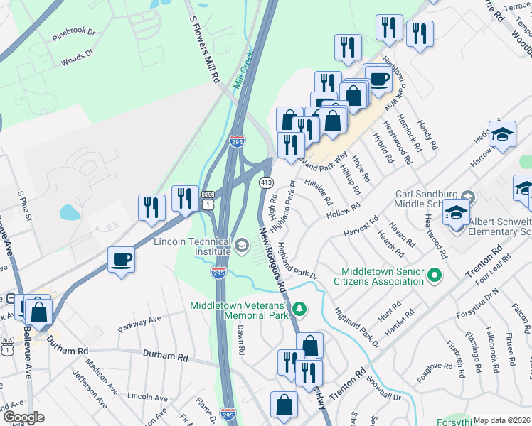 map of restaurants, bars, coffee shops, grocery stores, and more near 25 High Road in Levittown