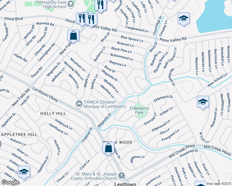map of restaurants, bars, coffee shops, grocery stores, and more near 15 Mistletoe Lane in Levittown