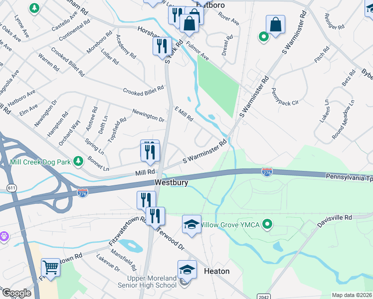 map of restaurants, bars, coffee shops, grocery stores, and more near 18 Lantern Lane in Hatboro