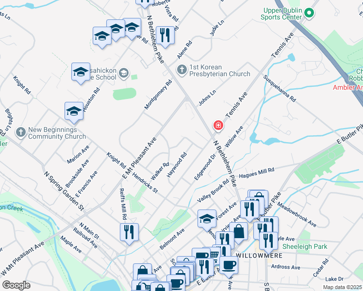 map of restaurants, bars, coffee shops, grocery stores, and more near 410 Artman Road in Ambler