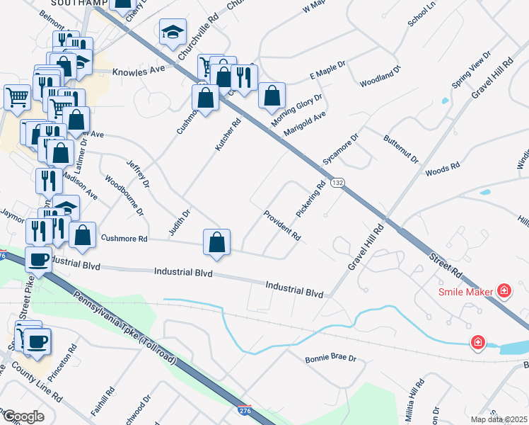 map of restaurants, bars, coffee shops, grocery stores, and more near 681 Provident Road in Bucks County