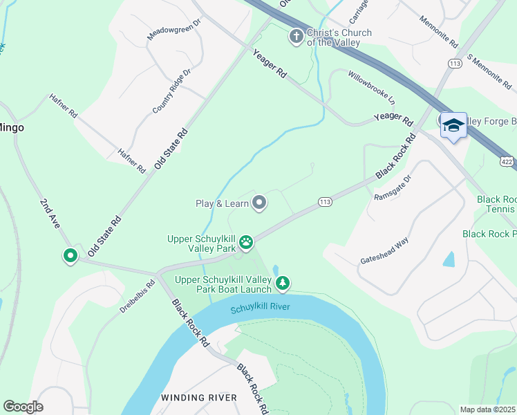 map of restaurants, bars, coffee shops, grocery stores, and more near 1600 Black Rock Road in Royersford