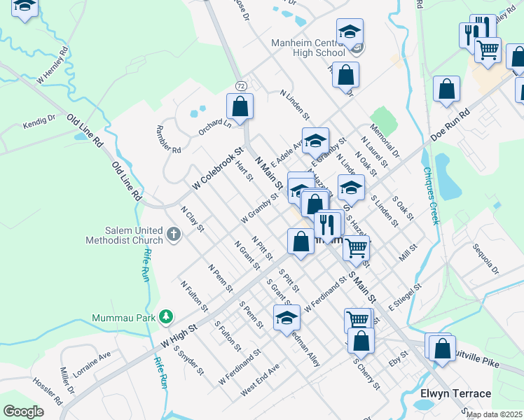map of restaurants, bars, coffee shops, grocery stores, and more near 20 West Gramby Street in Manheim