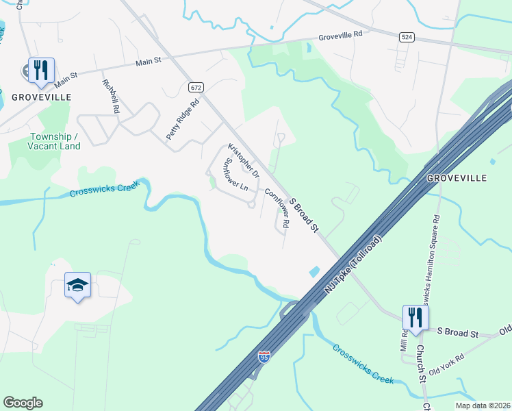 map of restaurants, bars, coffee shops, grocery stores, and more near 86 Kristopher Drive in Hamilton Township