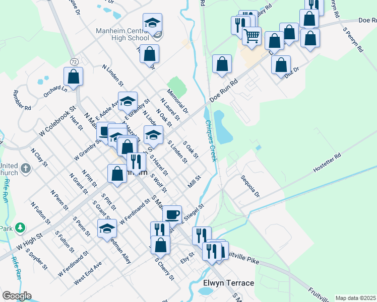 map of restaurants, bars, coffee shops, grocery stores, and more near 56 South Oak Street in Manheim