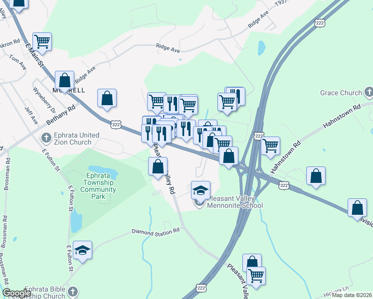 map of restaurants, bars, coffee shops, grocery stores, and more near 850 East Main Street in Ephrata