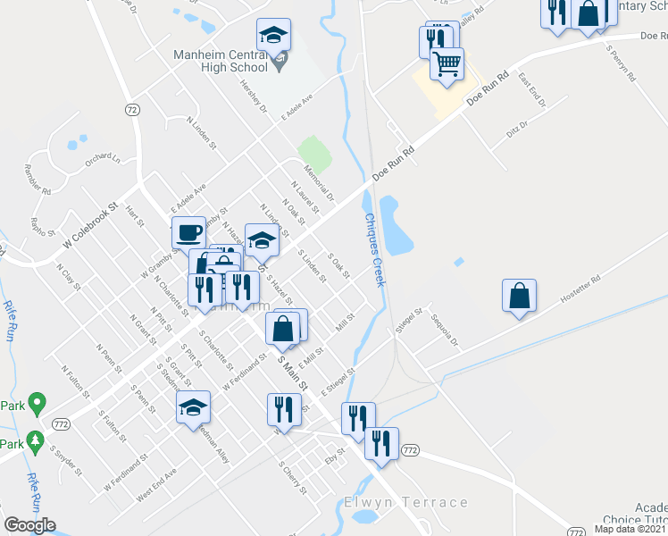 map of restaurants, bars, coffee shops, grocery stores, and more near 56 South Oak Street in Manheim