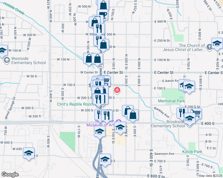 map of restaurants, bars, coffee shops, grocery stores, and more near 130 South 100 East in Springville