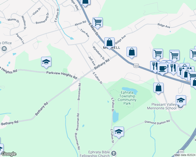 map of restaurants, bars, coffee shops, grocery stores, and more near 410 East Fulton Street in Ephrata