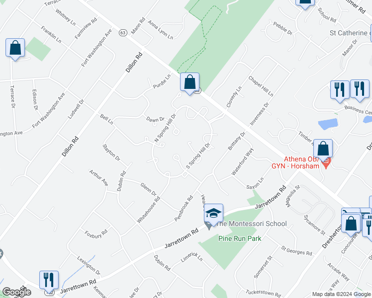 map of restaurants, bars, coffee shops, grocery stores, and more near 1516 Corsley Court in Ambler