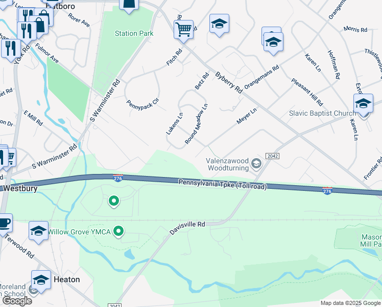 map of restaurants, bars, coffee shops, grocery stores, and more near 3704 Meyer Lane in Hatboro