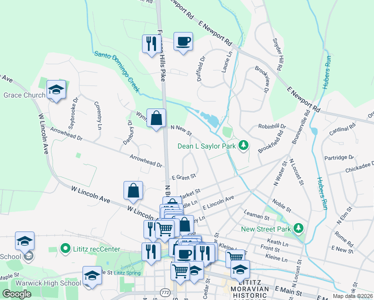 map of restaurants, bars, coffee shops, grocery stores, and more near 23 Silver Creek Road in Lititz