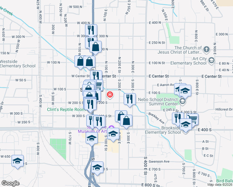 map of restaurants, bars, coffee shops, grocery stores, and more near 90 South 200 East in Springville