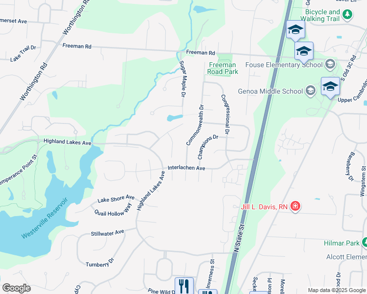 map of restaurants, bars, coffee shops, grocery stores, and more near 6316 Commonwealth Drive in Westerville