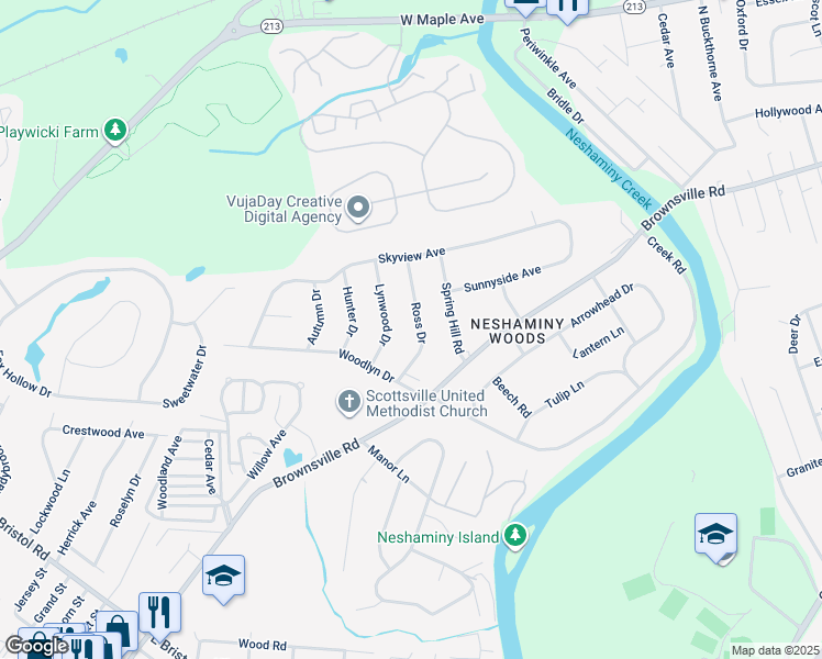 map of restaurants, bars, coffee shops, grocery stores, and more near 723 Ross Drive in Langhorne