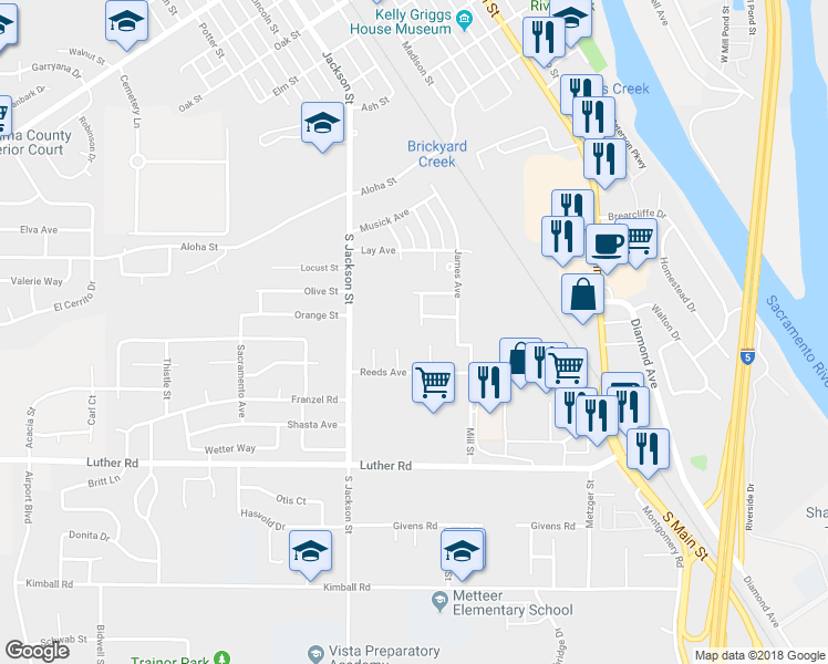 map of restaurants, bars, coffee shops, grocery stores, and more near 510 Vallecito Court in Red Bluff