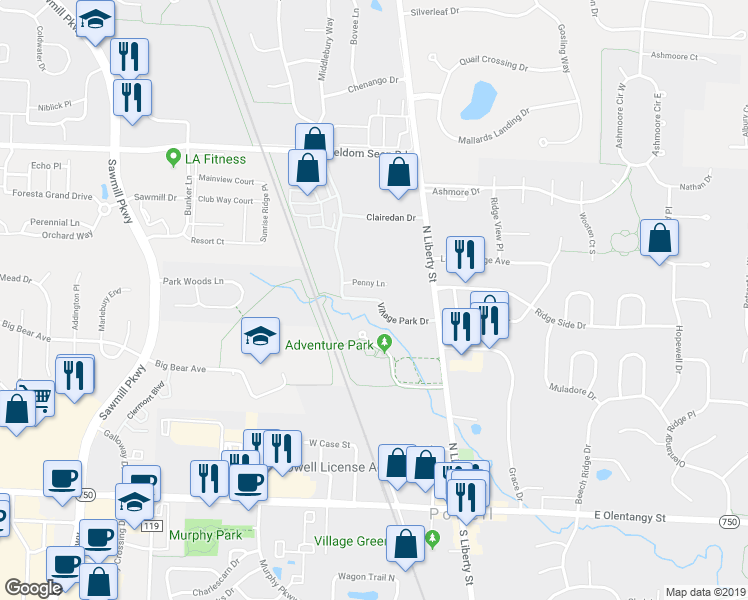 map of restaurants, bars, coffee shops, grocery stores, and more near 98 Brookehill Drive in Powell
