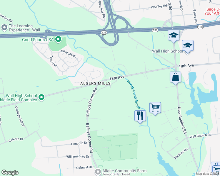 map of restaurants, bars, coffee shops, grocery stores, and more near 2751 18th Avenue in Wall Township