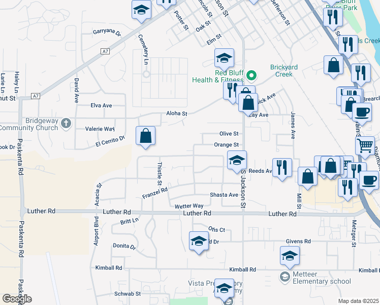 map of restaurants, bars, coffee shops, grocery stores, and more near 1120 Orange Street in Red Bluff