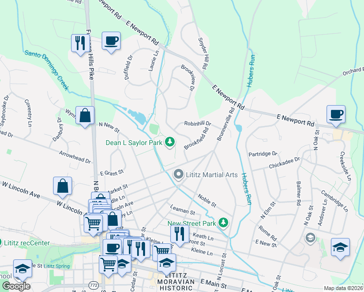 map of restaurants, bars, coffee shops, grocery stores, and more near 39 Laurie Lane in Lititz