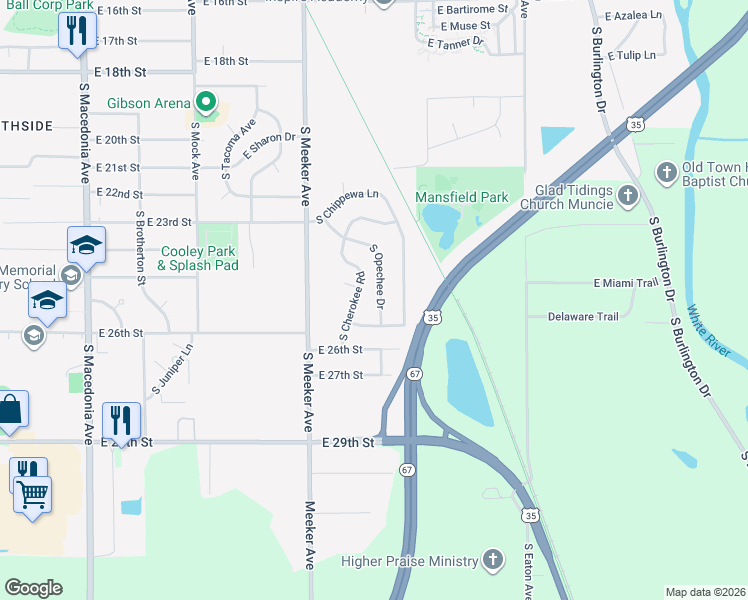 map of restaurants, bars, coffee shops, grocery stores, and more near 3120 S Opechee Dr in Muncie