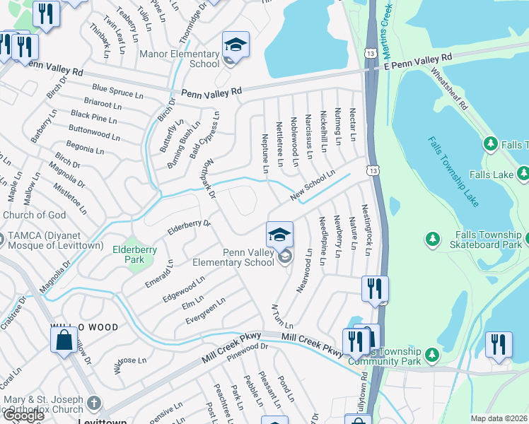 map of restaurants, bars, coffee shops, grocery stores, and more near 5 Neptune Lane in Levittown
