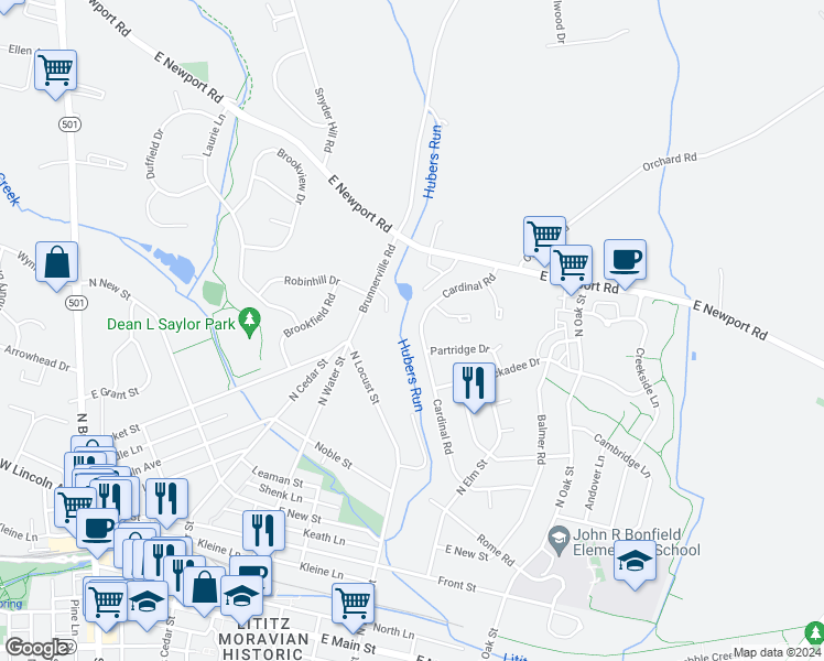 map of restaurants, bars, coffee shops, grocery stores, and more near 332 Cardinal Road in Lititz