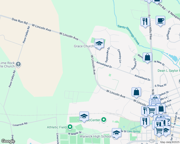 map of restaurants, bars, coffee shops, grocery stores, and more near 452 West Lincoln Avenue in Lititz