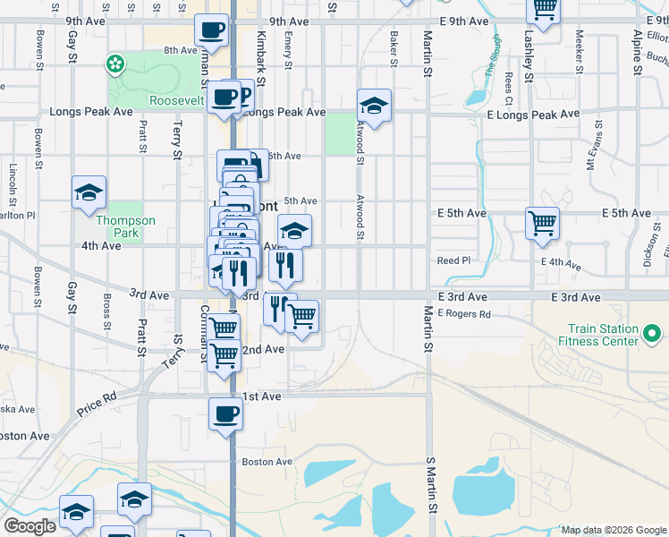 map of restaurants, bars, coffee shops, grocery stores, and more near 101 4th Avenue in Longmont