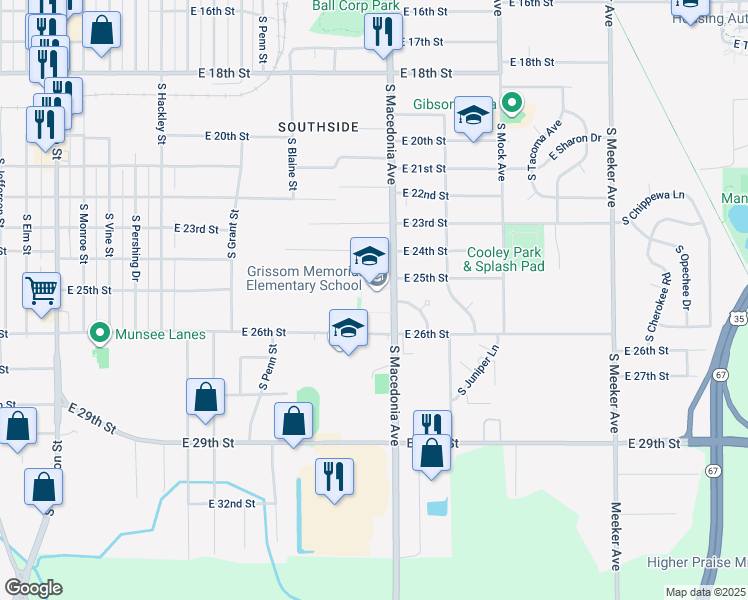 map of restaurants, bars, coffee shops, grocery stores, and more near 3201 South Macedonia Avenue in Muncie