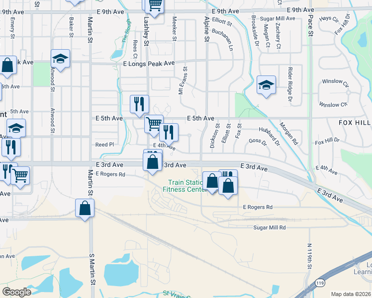 map of restaurants, bars, coffee shops, grocery stores, and more near 300 Wadsworth Circle in Longmont