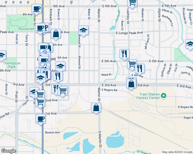 map of restaurants, bars, coffee shops, grocery stores, and more near 360 Martin Street in Longmont
