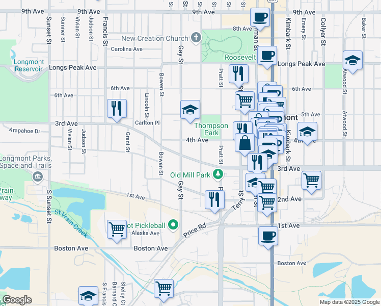 map of restaurants, bars, coffee shops, grocery stores, and more near 1023 4th Avenue in Longmont