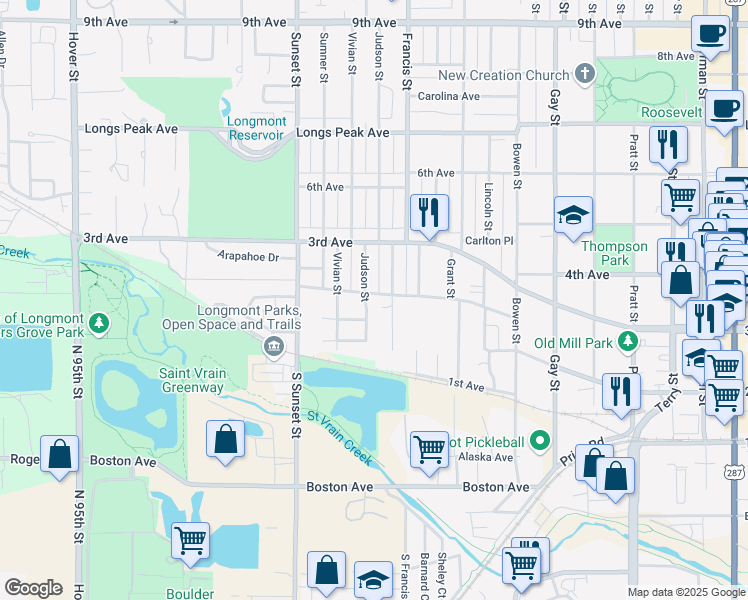 map of restaurants, bars, coffee shops, grocery stores, and more near 207 Judson Street in Longmont
