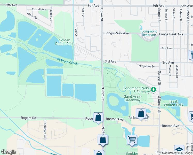 map of restaurants, bars, coffee shops, grocery stores, and more near 203 Hover Street in Longmont