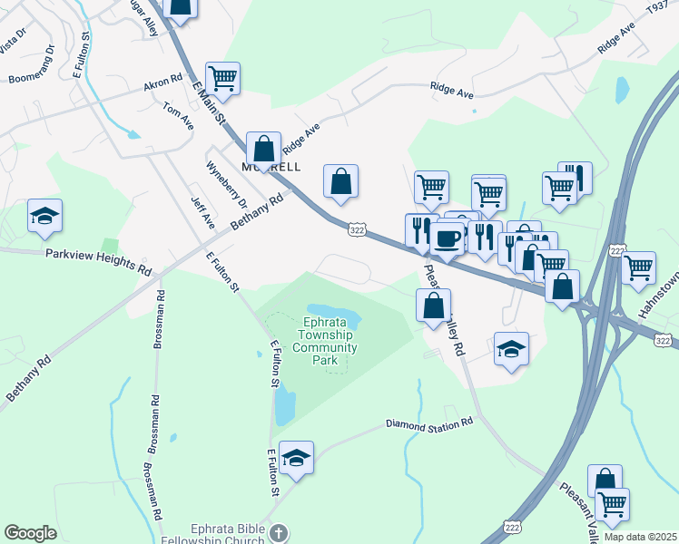 map of restaurants, bars, coffee shops, grocery stores, and more near 63 Lake View Road in Ephrata