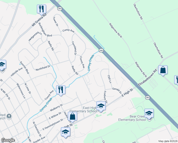 map of restaurants, bars, coffee shops, grocery stores, and more near 240 Conoy Avenue in Elizabethtown