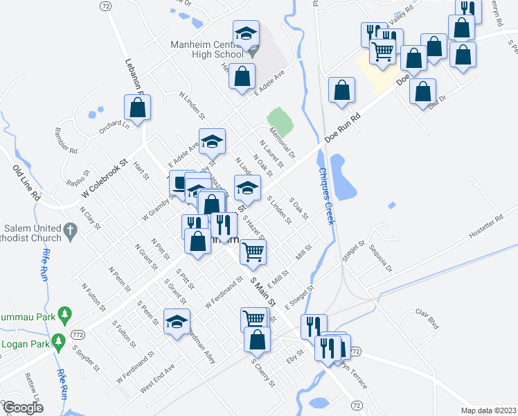 map of restaurants, bars, coffee shops, grocery stores, and more near 127 East High Street in Manheim