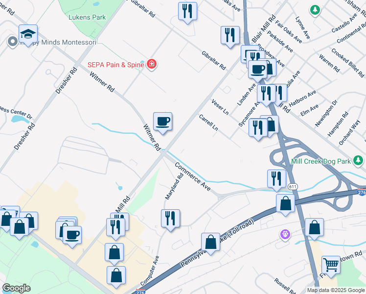 map of restaurants, bars, coffee shops, grocery stores, and more near 2647 State Route 2026 in Willow Grove