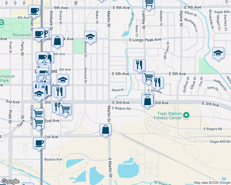 map of restaurants, bars, coffee shops, grocery stores, and more near 360 Martin Street in Longmont