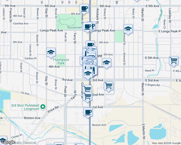 map of restaurants, bars, coffee shops, grocery stores, and more near 525 4th Avenue in Longmont