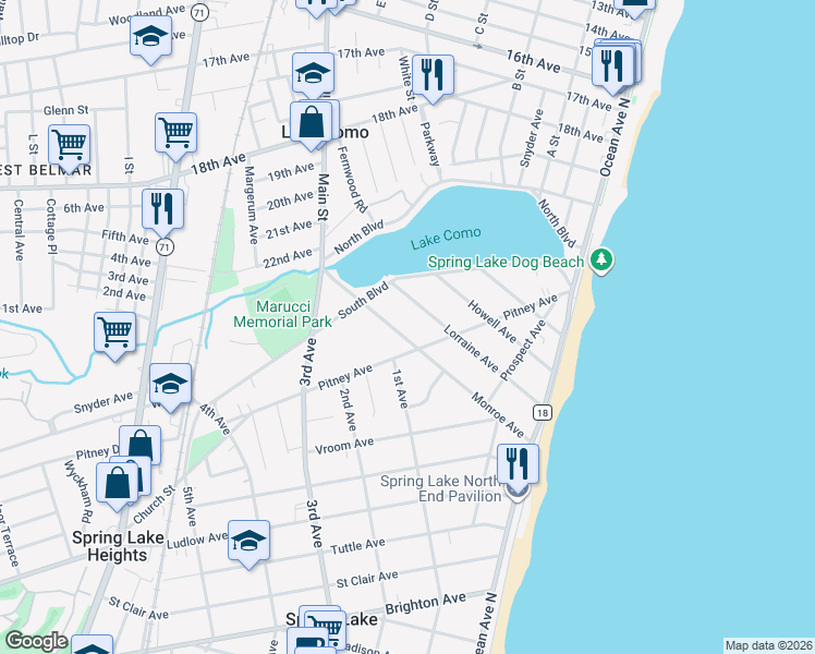map of restaurants, bars, coffee shops, grocery stores, and more near 216 Lorraine Avenue in Spring Lake